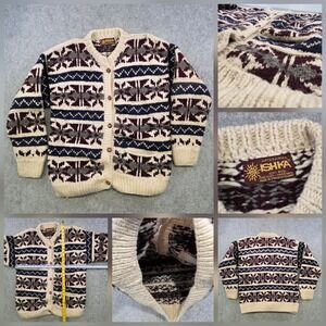 ISHKA Sweater Mens Large? Multicolor Wool Fair Isle Cardigan Chunky Knit Pockets